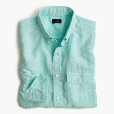 Slim cotton-linen shirt in tropical pool stripe