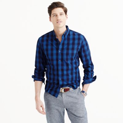 Slim indigo cotton shirt in large gingham
