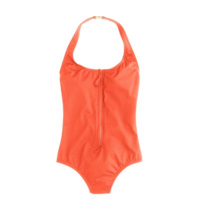 Longtorso zipfront halter onepiece swimsuit in Italian matte Women