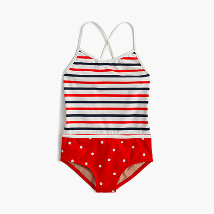 Girls' racerback one-piece combo swimsuit in stripes and dots : prints