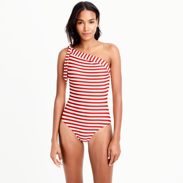 Long torso one-shoulder one-piece swimsuit in classic stripe